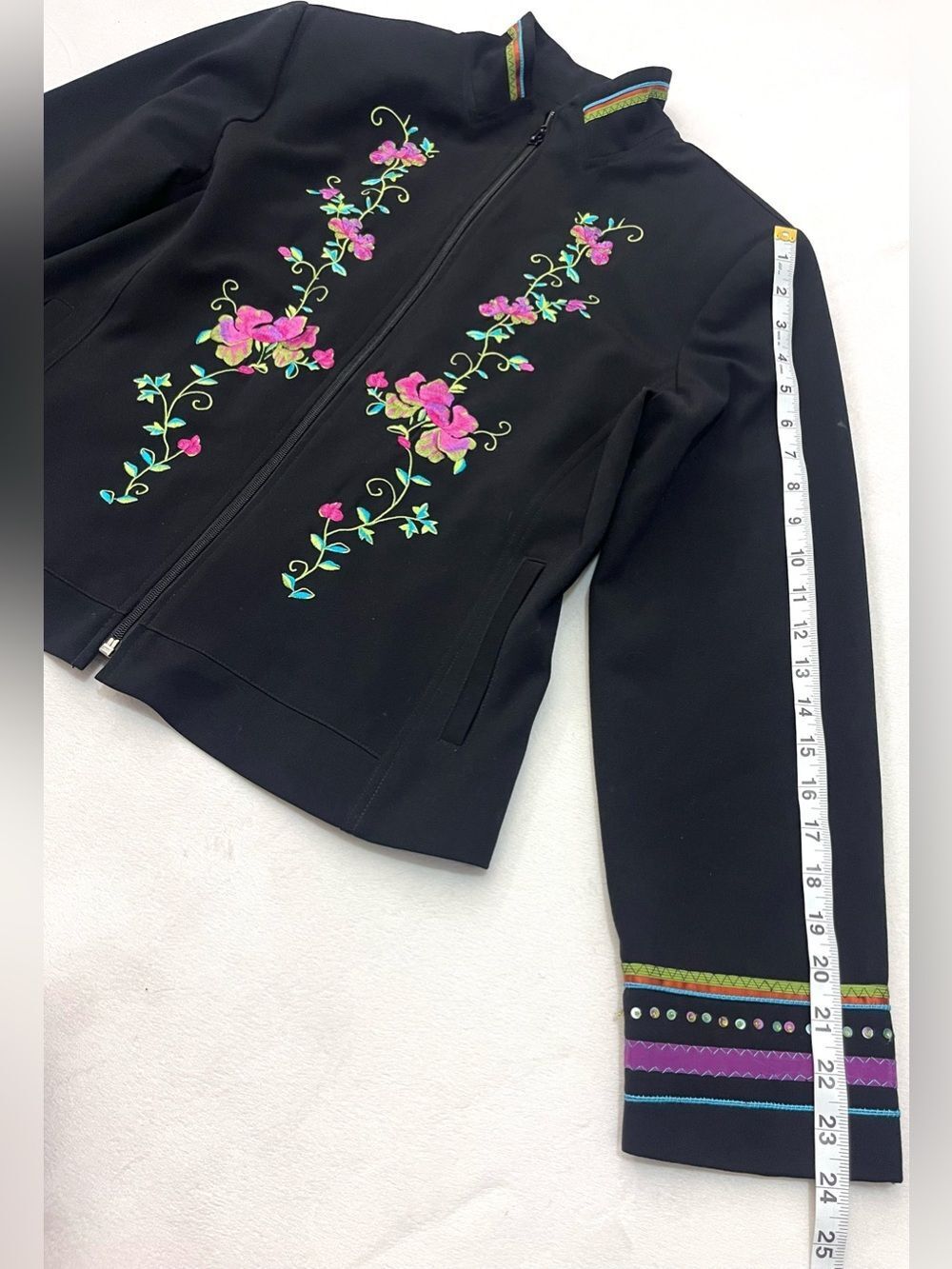 Nancy Bolen Embroidered Sequin Black Pink Floral Zip Blazer Jacket Women’s Top - Picture 13 of 16